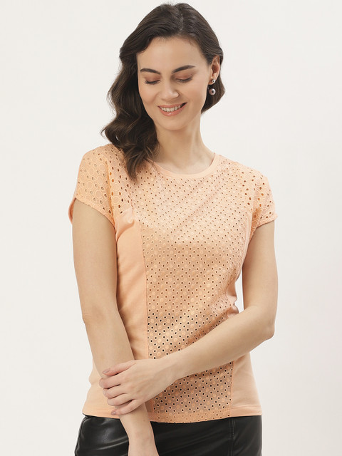 

Madame Women Peach-Coloured Schiffli Embroidered Semi-Sheer Pure Cotton Top