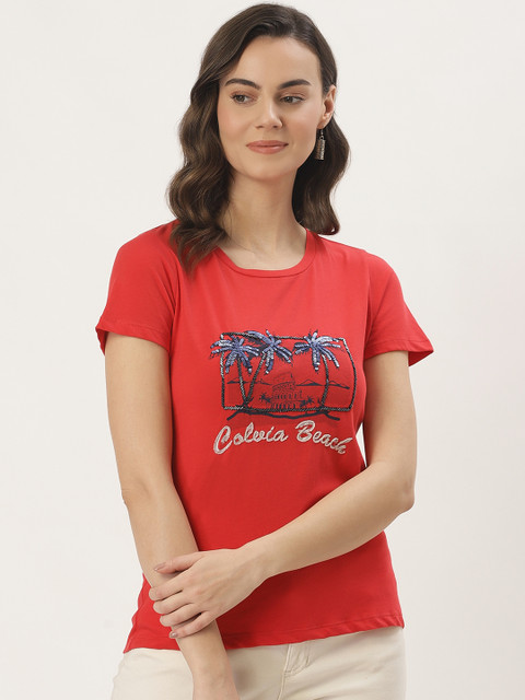 

Madame Women Red & Navy Blue Printed Round Neck T-shirt