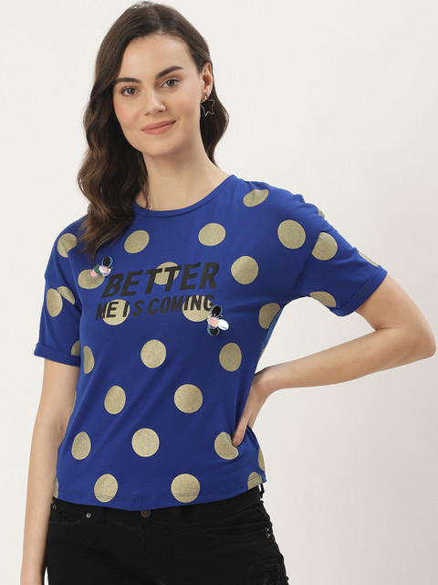 

Madame Women Blue & Golden Printed Round Neck T-shirt
