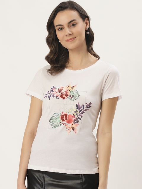 

Madame Women White Printed Round Neck T-shirt