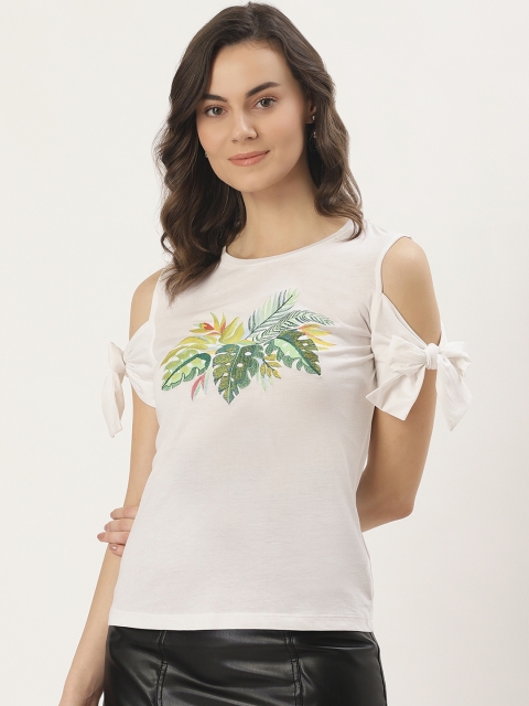 

Madame Women White & Green Embroidered Cold-Shoulder Top