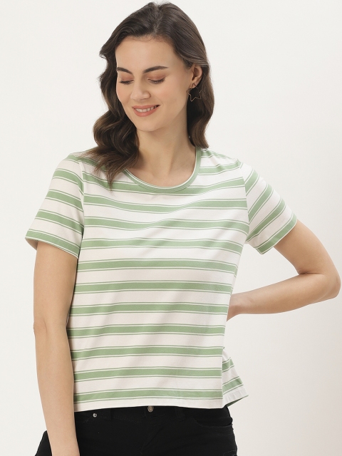 

Madame Women White & Green Striped Styled Back Top