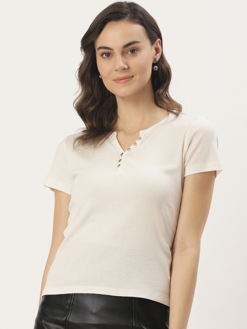

Madame Women Off-White Solid Pure Cotton Top