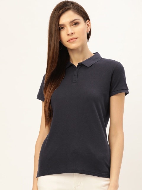 

Madame Women Navy Blue Solid Polo Collar T-shirt