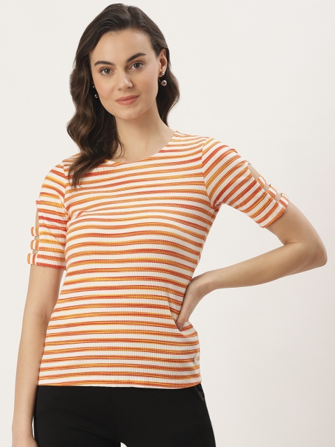 

Madame Women White & Orange Striped Fitted Top