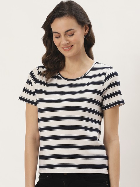 

Madame Women Navy Blue & White Striped Schiffli Styled Back Top
