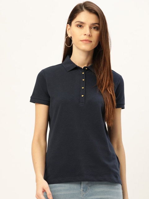 

Madame Women Navy Blue Solid Polo Collar T-shirt