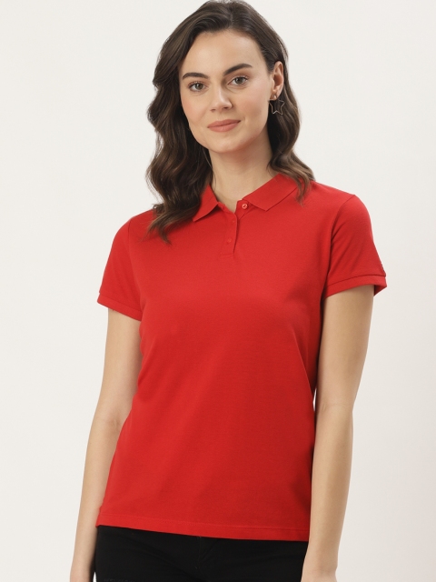 

Madame Women Red Solid Polo Collar Pure Cotton T-shirt