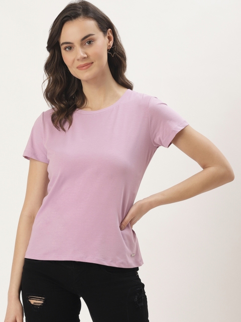 

Madame Women Lavender Solid Round Neck T-shirt