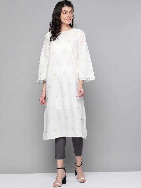 

HERE&NOW Women White & Beige Flower Printed A-Line Kurta