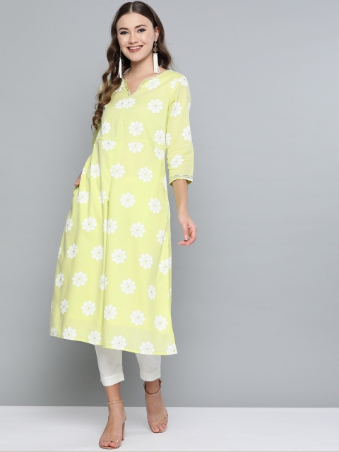 

HERE&NOW Women Lime Green & White Printed A-Line Kurta
