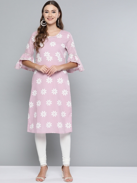 

HERE&NOW Women Pink & White Printed Straight Kurta