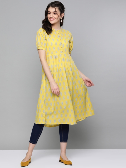 

HERE&NOW Women Mustard Yellow & Blue Printed A-Line Kurta