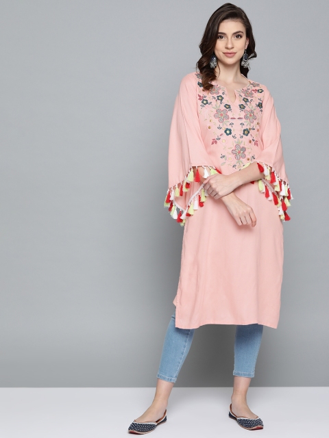 

HERE&NOW Women Pink & Teal Blue Yoke Design Straight Kurta