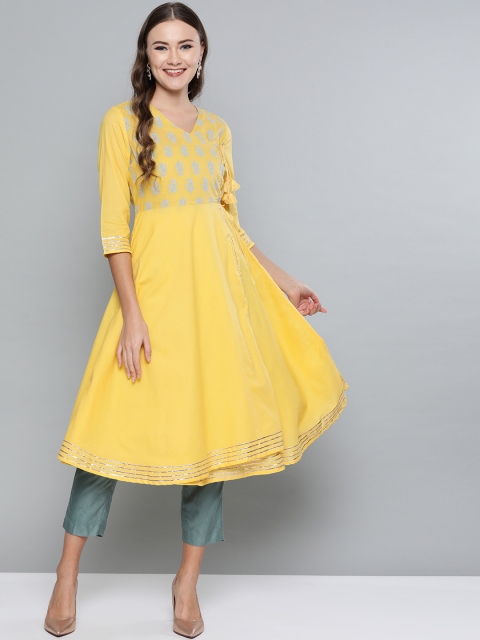 

HERE&NOW Women Yellow & Blue Yoke Design Angrakha Anarkali Kurta