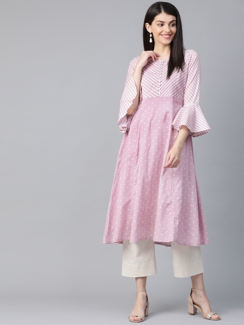 

HERE&NOW Women Lavender & White Printed Anarkali Kurta