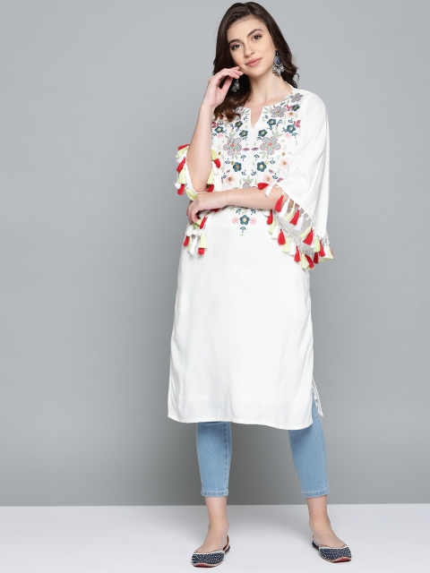 

HERE&NOW Women White & Teal Blue Yoke Design Straight Kurta