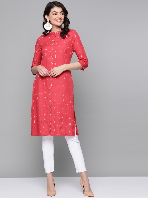 

HERE&NOW Women Pink & White Quirky Print Straight Kurta, Coral
