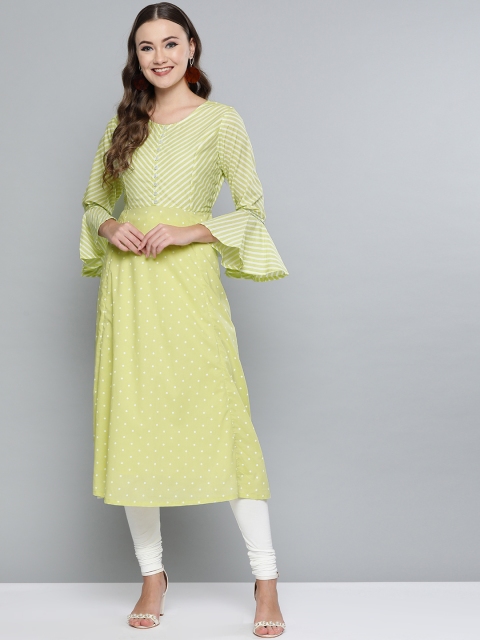 

HERE&NOW Women Lime Green & White Printed Anarkali Kurta