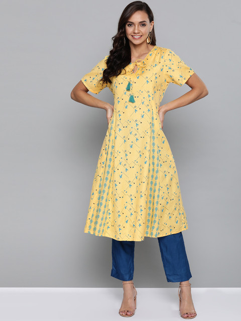 

HERE&NOW Women Yellow & Blue Bird Printed A-Line Kurta