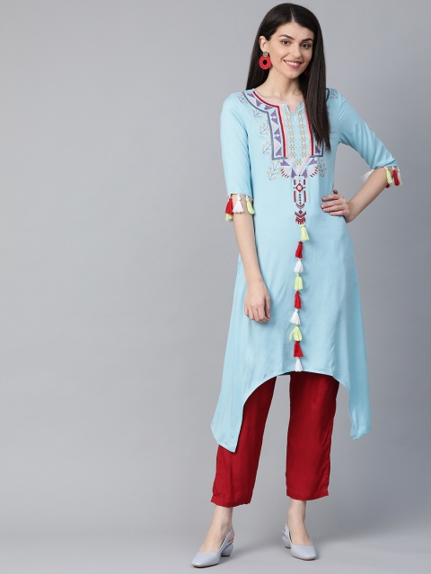 

HERE&NOW Women Blue & Purple Yoke Design Asymmetrical Hem A-Line Kurta