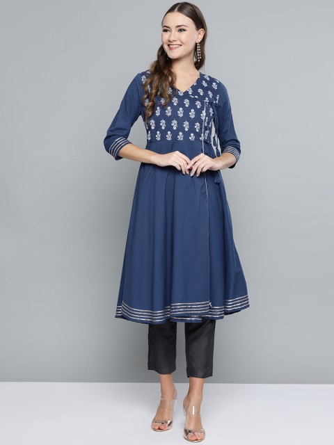 

HERE&NOW Women Navy Blue Printed Angrakha Anarkali Kurta