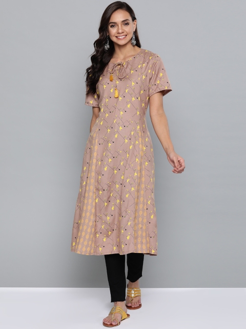 

HERE&NOW Women Brown & Yellow Birds Printed A-Line Kurta