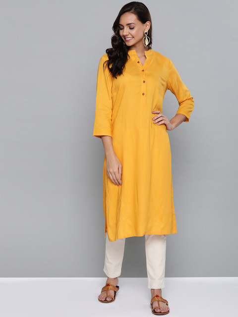 

HERE&NOW Women Mustard Yellow Solid Straight Kurta
