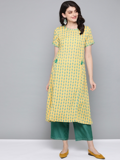 

HERE&NOW Women Yellow & Green Fish Printed A-Line Kurta