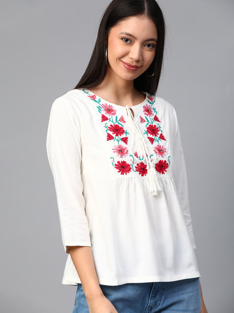

HERE&NOW Women Off-White Floral Embroidered Top