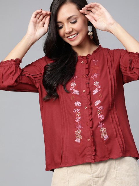 

HERE&NOW Women Maroon & Pink Embroidered Shirt Style Top