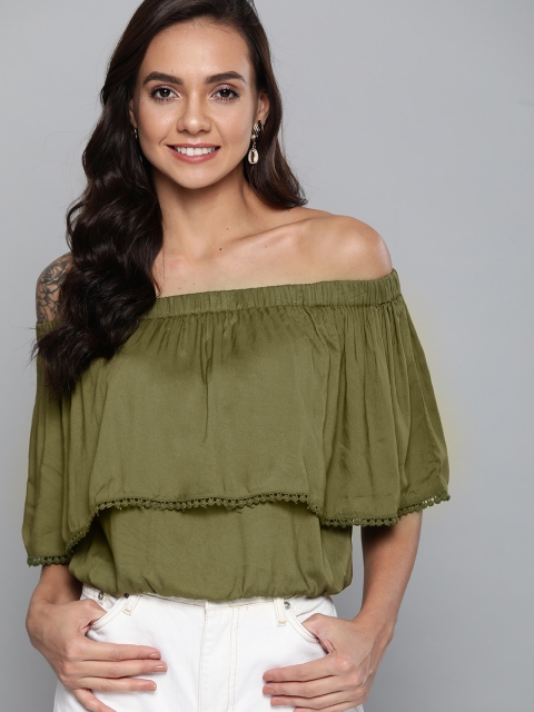 

HERE&NOW Women Olive Green Solid Bardot Top