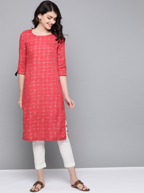 

HERE&NOW Women Coral Red & Golden Checked Straight Kurta