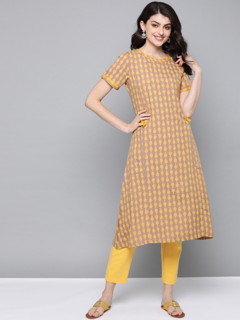 

HERE&NOW Women Brown & Mustard Yellow Fish Print A-Line Kurta