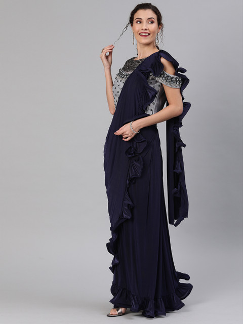 

Chhabra 555 Navy Blue Solid Poly Georgette Ruffled & Pre-Draped Ready to Wear Saree