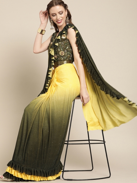 

Chhabra 555 Yellow & Olive Green Poly Georgette Ombre Saree