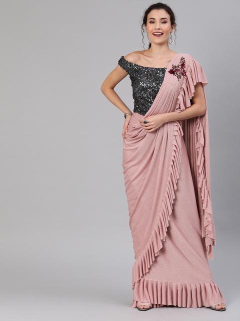 

Chhabra 555 Peach-Coloured & Grey Poly Georgette Embellished Saree