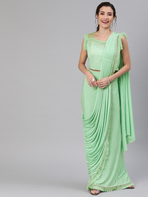 

Chhabra 555 Sea Green & Silver-Toned Poly Georgette Ruffled Pre-Draped Embellished Saree