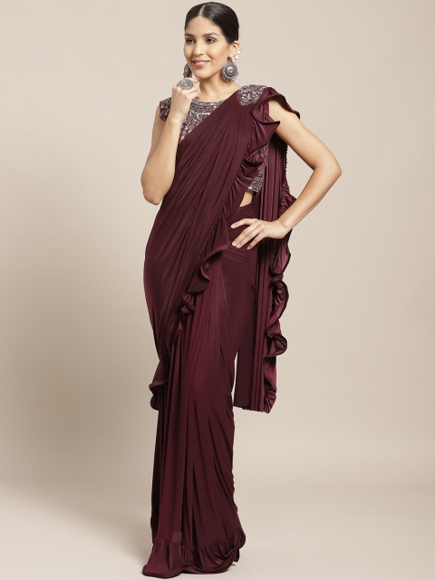 

Chhabra 555 Burgundy & Silver-Coloured Poly Georgette Solid Ruffled Pre-Draped Saree