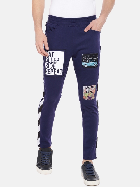 

Yuvraah Men Navy Blue & White Printed Straight Fit Track Pants