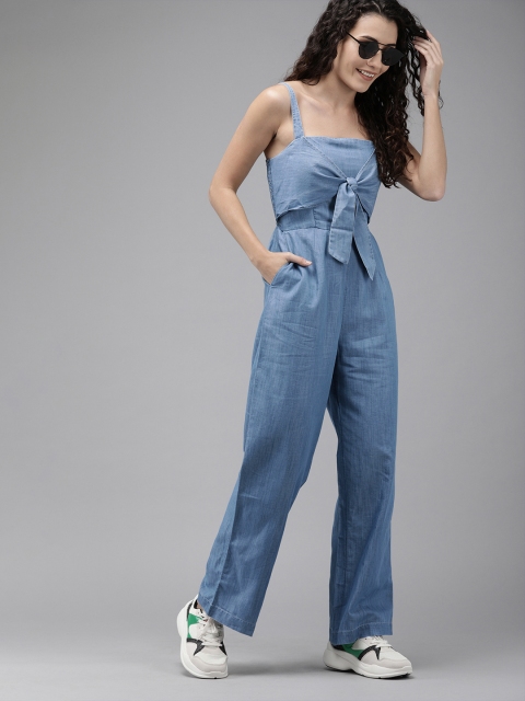 

ONLY Women Blue Solid Chambray Basic Jumpsuit With Smocking Detail