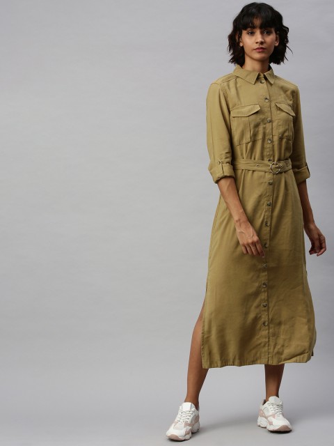 

ONLY Women Khaki Solid Shirt Dress