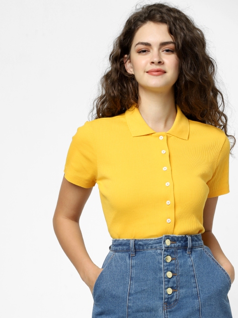 

ONLY Women Yellow Solid Shirt Style Pure Cotton Top