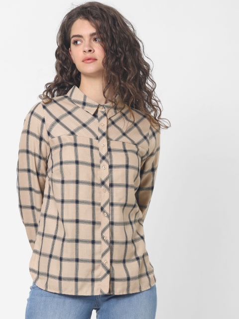 

ONLY Women Beige & Blue Boxy Fit Checked Casual Shirt