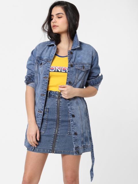 

ONLY Women Blue Solid Denim Jacket with Belt