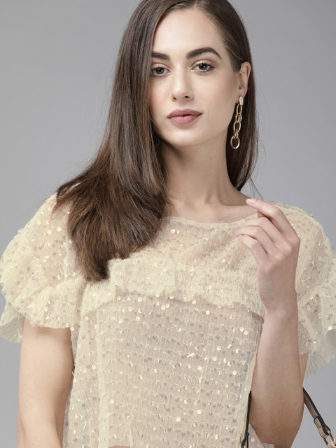

ONLY Beige Embellished Flutter Sleeve Sheer Regular Crop Top