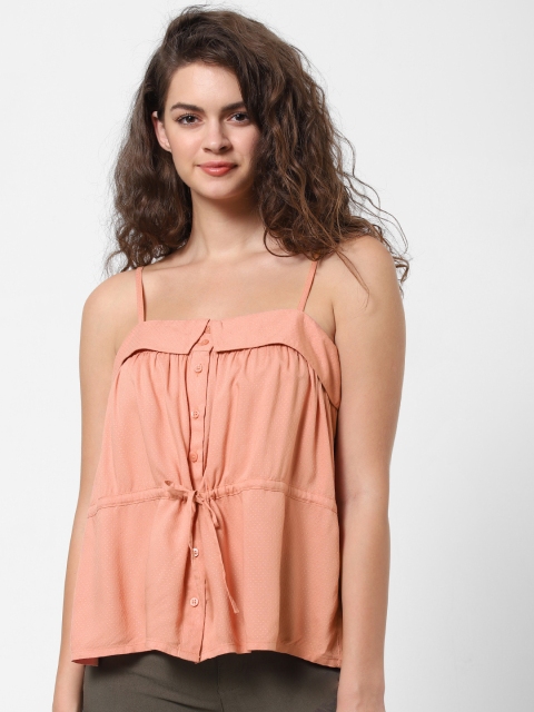 

ONLY Women Pink Solid A-Line Top with Waist Tie-Up Detailing