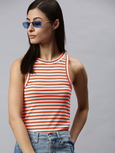 

ONLY Women Red & White Striped Ribbed Round Neck T-shirt