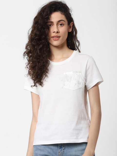 

ONLY Women White Solid Round Neck T-shirt