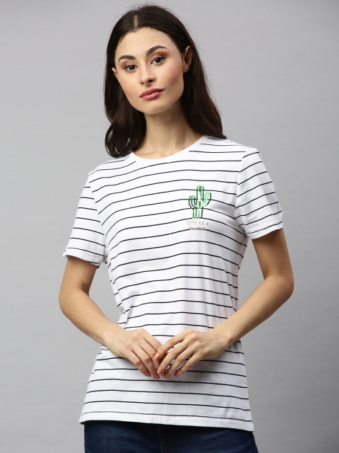 

ONLY Women White Black Striped Round Neck Pure Cotton T-shirt